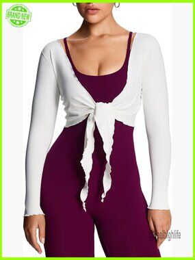 Ruffle Wrap Tie Front Long Sleeve Shrug Crop Top Ballet Yoga Cardigan